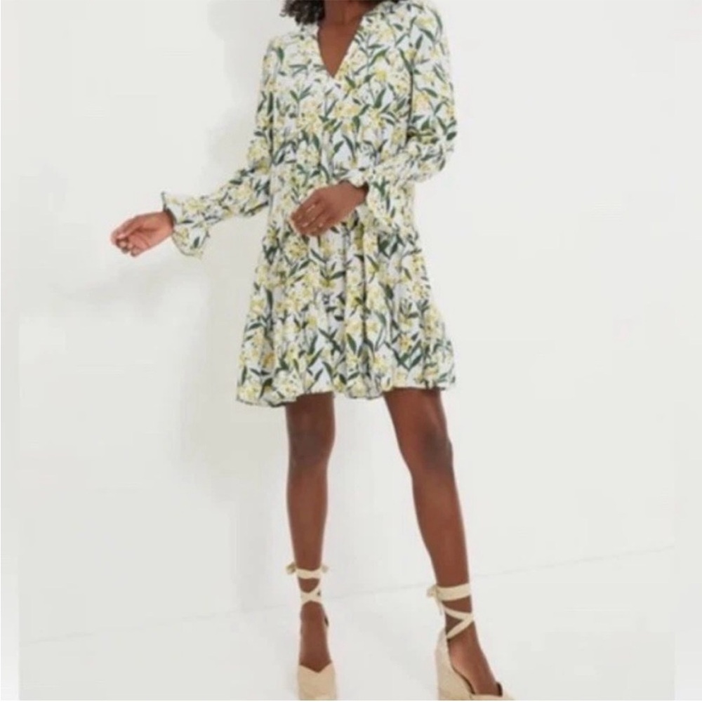 Tuckernuck White Floral Long Sleeve Dress with Green and Yellow Print